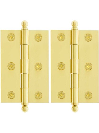 Premium Solid Brass Ball-Tip Cabinet Hinges Pair - 3 inch by 2 inch in Polished Brass.